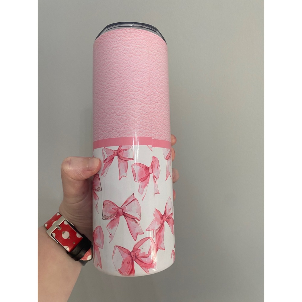 Skinny Tumbler Women 20oz Pink White Coquette Watercolor Bows Faux Leather Print - Picture 3 of 8